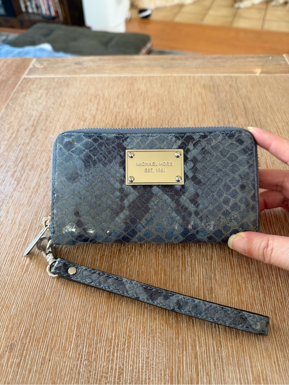 Michael Kors Blue-Gray Snakeskin Zip Wristlet with Gold Plaque